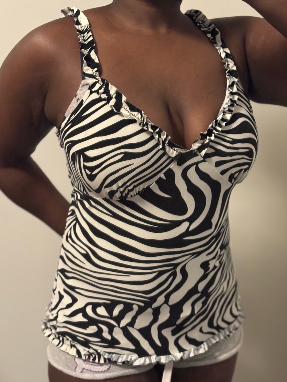 Zebra Print Ruffle Cami Tank Top - Black & White